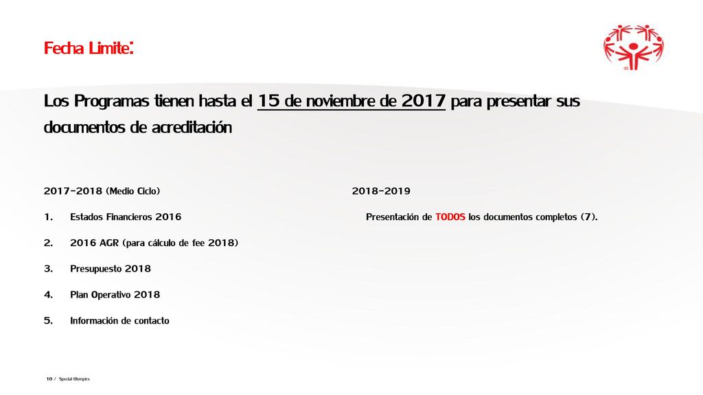 Fecha Limite: Los Programas tienen hasta el 15 de noviembre de 2017 para presentar sus documentos de acreditación