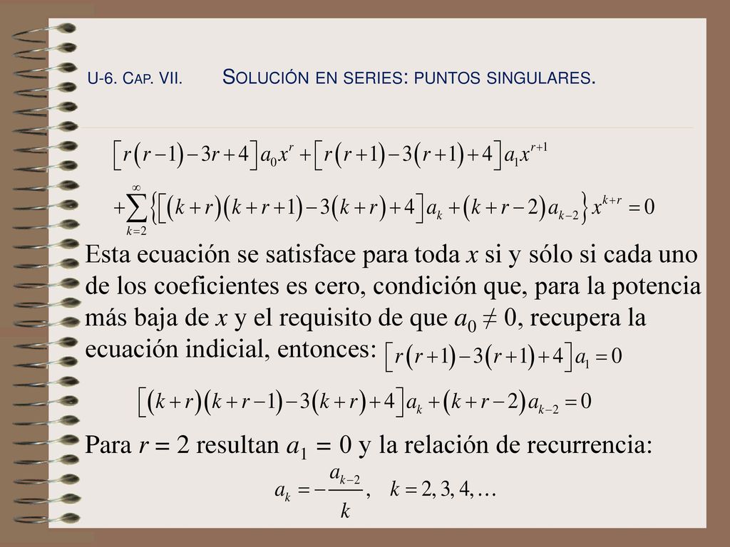 Para r = 2 resultan a1 = 0 y la relación de recurrencia:
