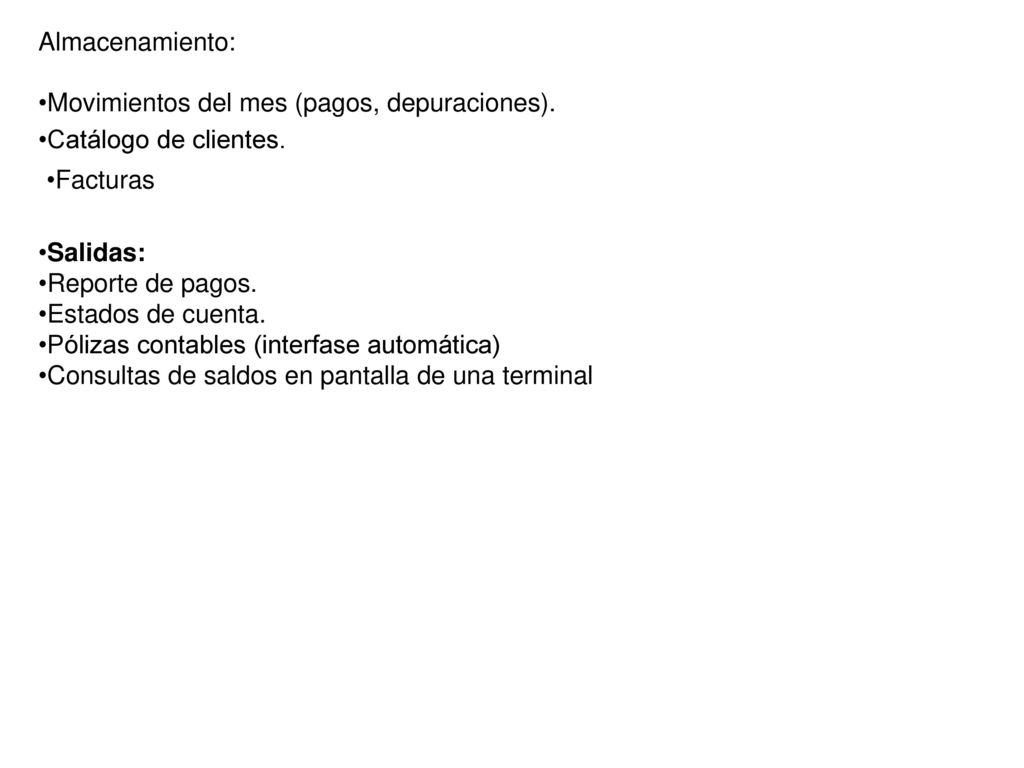 Almacenamiento: Movimientos del mes (pagos, depuraciones). Catálogo de clientes. Facturas. Salidas: