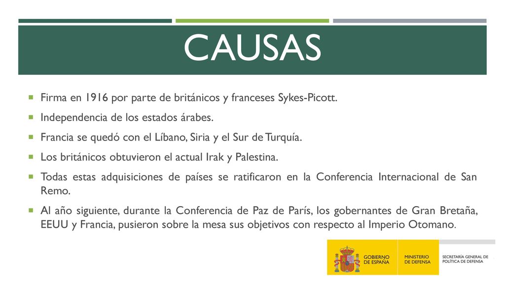 CAUSAS Firma en 1916 por parte de británicos y franceses Sykes-Picott.