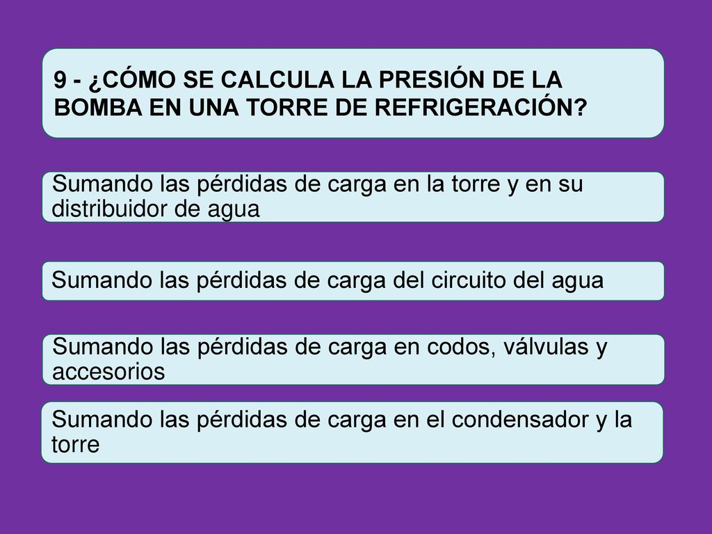9 - ¿CÓMO SE CALCULA LA PRESIÓN DE LA BOMBA EN UNA TORRE DE REFRIGERACIÓN