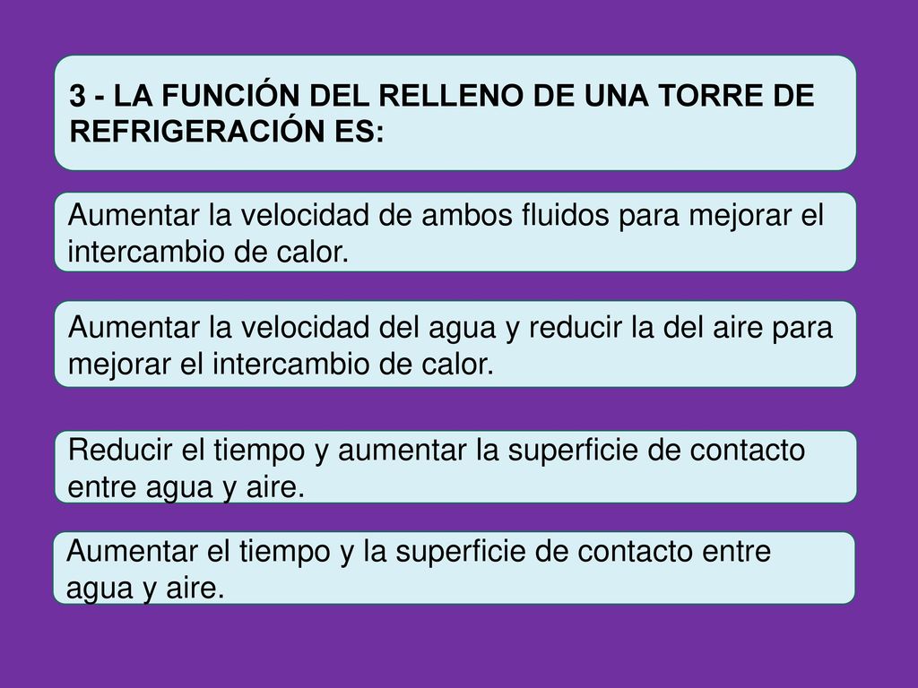 3 - LA FUNCIÓN DEL RELLENO DE UNA TORRE DE REFRIGERACIÓN ES: