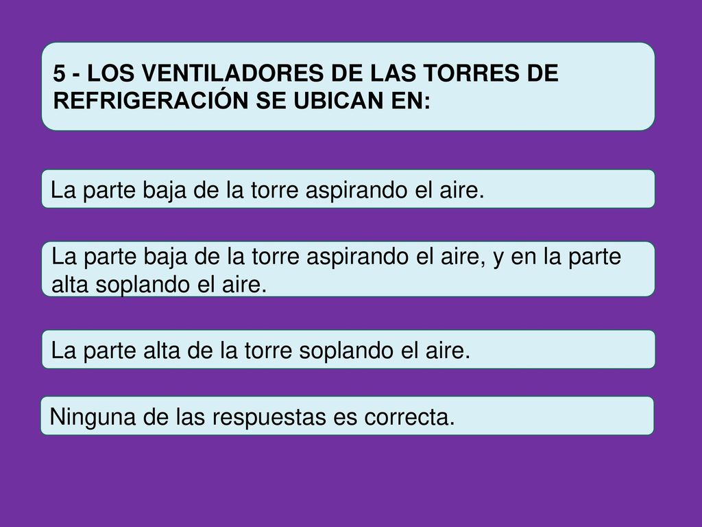 5 - LOS VENTILADORES DE LAS TORRES DE REFRIGERACIÓN SE UBICAN EN: