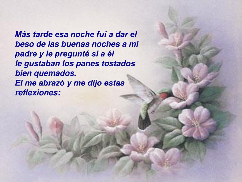 Más tarde esa noche fui a dar el beso de las buenas noches a mi padre y le pregunté si a él le gustaban los panes tostados bien quemados.
