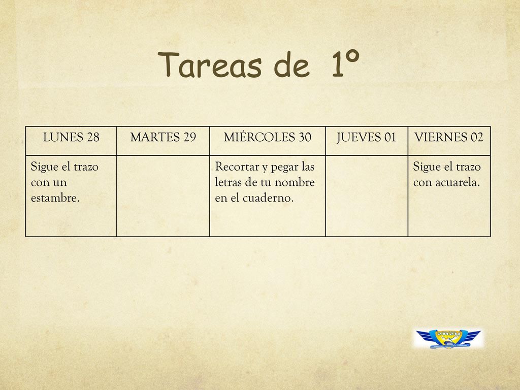 Tareas de 1º LUNES 28 MARTES 29 MIÉRCOLES 30 JUEVES 01 VIERNES 02