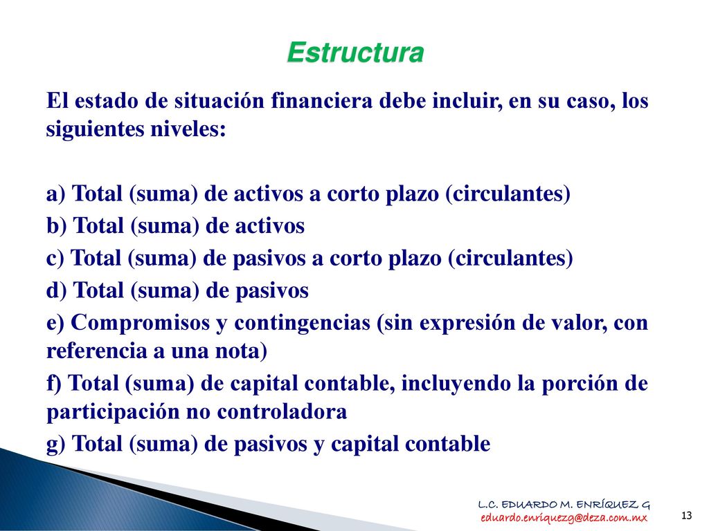Estructura El estado de situación financiera debe incluir, en su caso, los siguientes niveles: