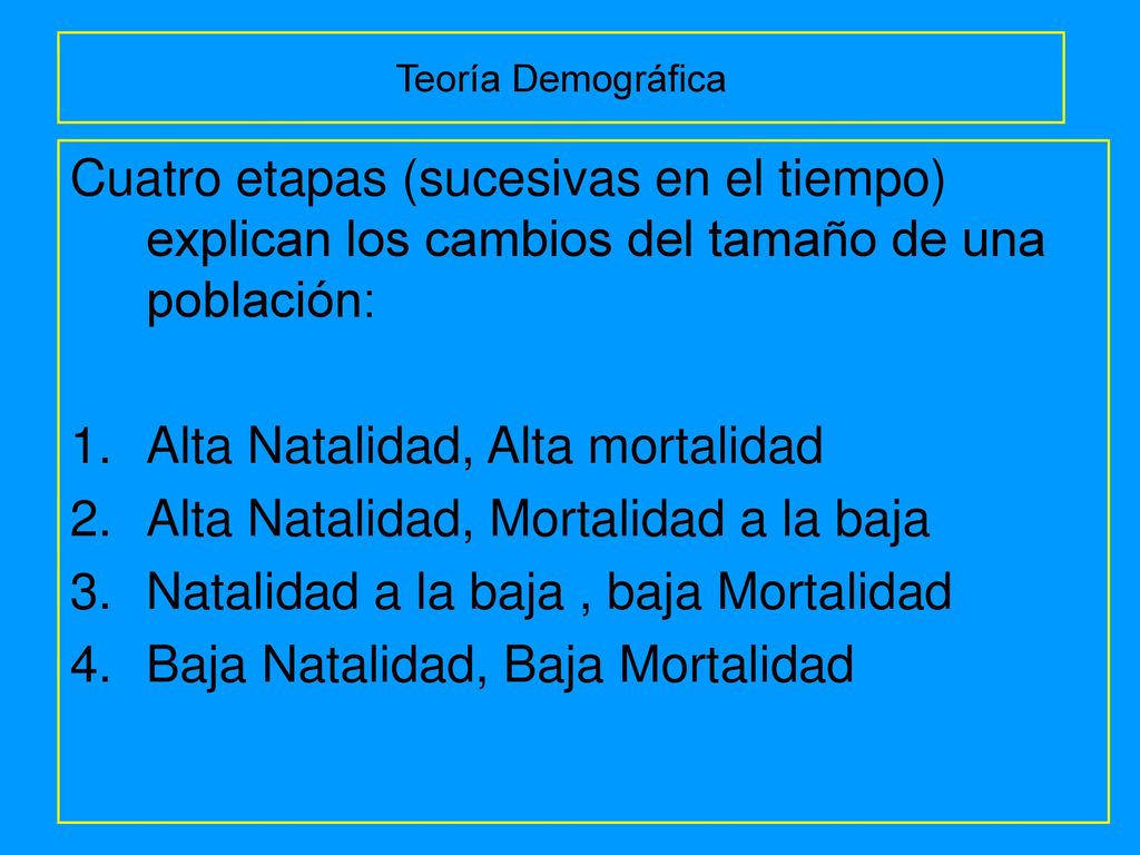 Alta Natalidad, Alta mortalidad Alta Natalidad, Mortalidad a la baja