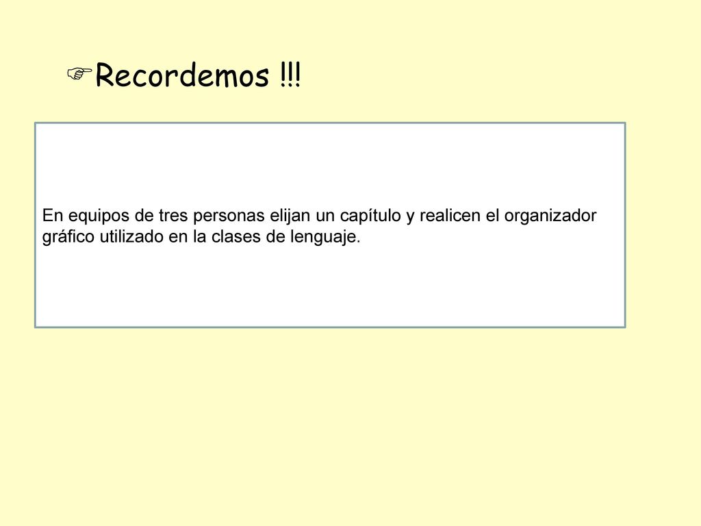 Recordemos !!! En equipos de tres personas elijan un capítulo y realicen el organizador gráfico utilizado en la clases de lenguaje.