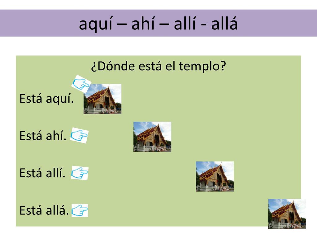 ¿Dónde está el templo Está aquí. Está ahí. Está allí. Está allá.