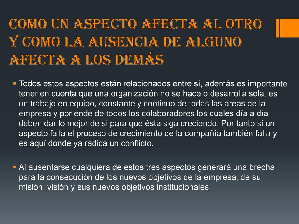COMO UN ASPECTO AFECTA AL OTRO Y COMO LA AUSENCIA DE ALGUNO AFECTA A LOS DEMÁS