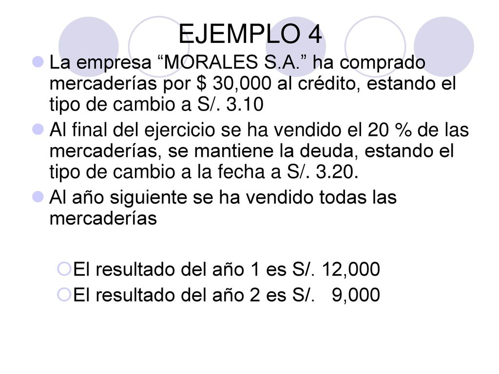 EJEMPLO 4 La empresa MORALES S.A. ha comprado mercaderías por $ 30,000 al crédito, estando el tipo de cambio a S/
