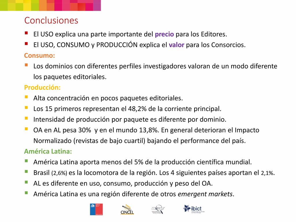 Conclusiones El USO explica una parte importante del precio para los Editores. El USO, CONSUMO y PRODUCCIÓN explica el valor para los Consorcios.