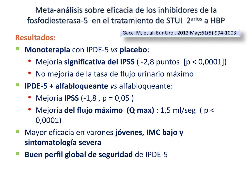 Meta-análisis sobre eficacia de los inhibidores de la fosfodiesterasa-5 en el tratamiento de STUI 2arios a HBP