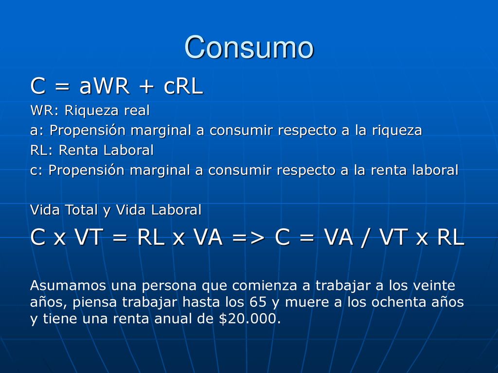 Consumo C = aWR + cRL C x VT = RL x VA => C = VA / VT x RL
