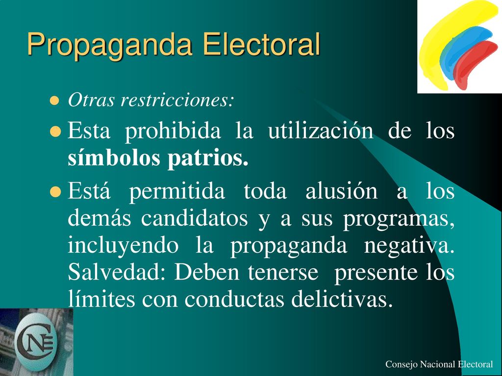 Propaganda Electoral Otras restricciones: Esta prohibida la utilización de los símbolos patrios.