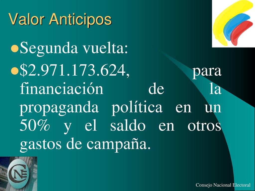 Valor Anticipos Segunda vuelta: $ , para financiación de la propaganda política en un 50% y el saldo en otros gastos de campaña.