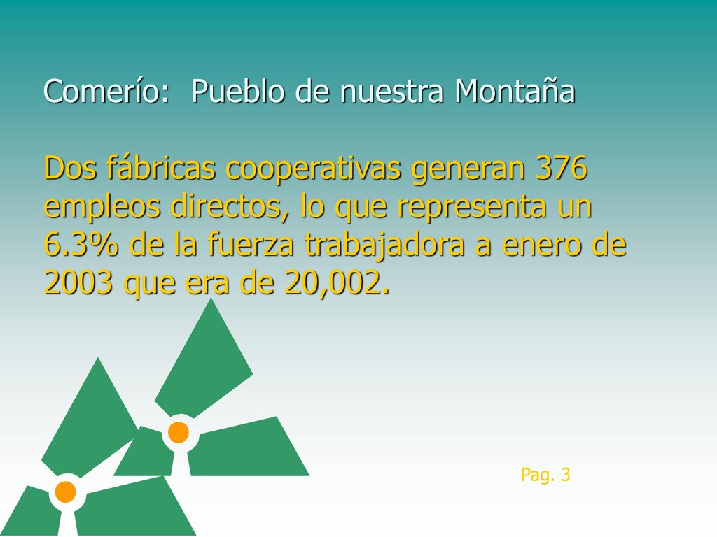 Comerío: Pueblo de nuestra Montaña Dos fábricas cooperativas generan 376 empleos directos, lo que representa un 6.3% de la fuerza trabajadora a enero de 2003 que era de 20,002.