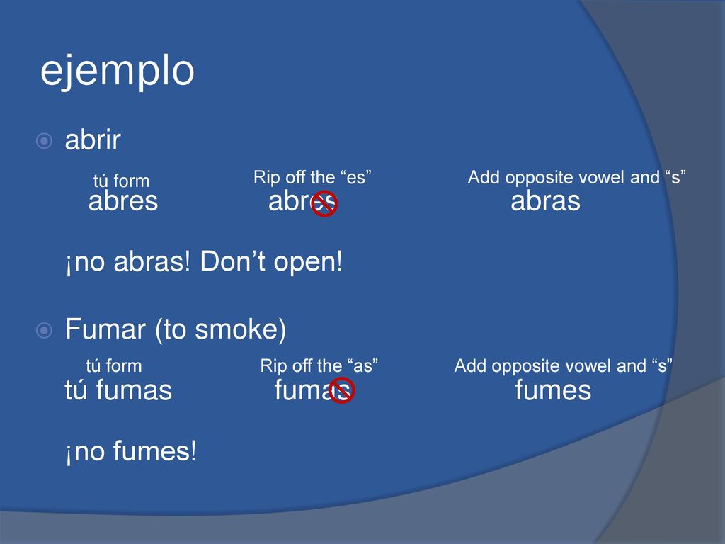ejemplo   abrir abres abres abras ¡no abras! Don’t open!