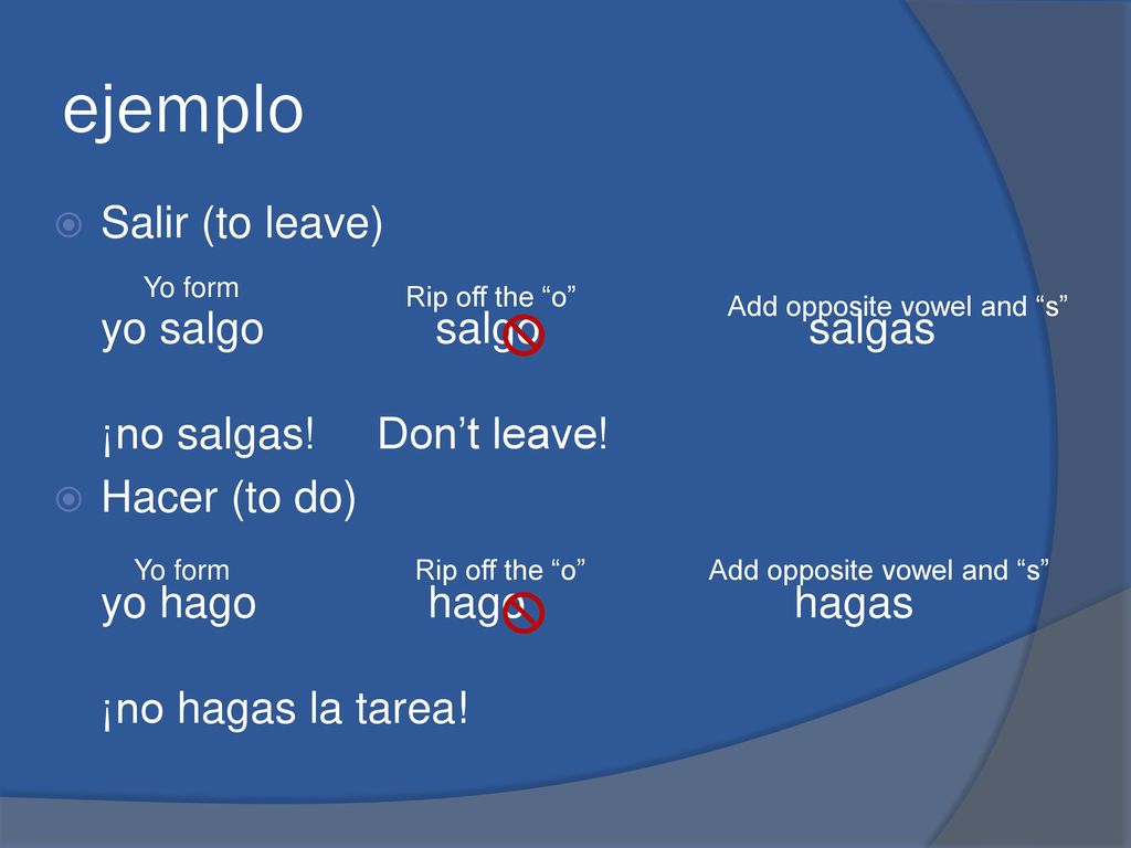 ejemplo Salir (to leave) yo salgo salgo salgas ¡no salgas! Don’t leave!