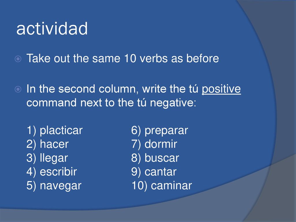 actividad Take out the same 10 verbs as before