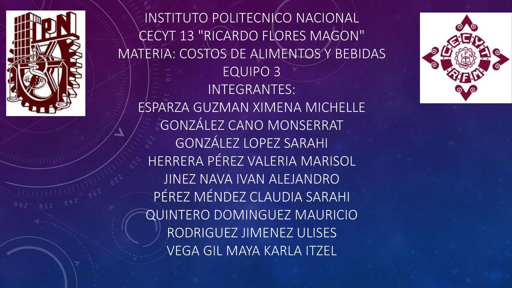 INSTITUTO POLITECNICO NACIONAL CECYT 13 RICARDO FLORES MAGON MATERIA: COSTOS DE ALIMENTOS Y BEBIDAS EQUIPO 3 INTEGRANTES: Esparza Guzman ximena michelle González cano monserrat gonzález lopez sarahi herrera pérez valeria marisol Jinez nava ivan alejandro Pérez méndez claudia sarahi Quintero dominguez mauricio rodriguez jimenez ulises vega gil maya karla itzel