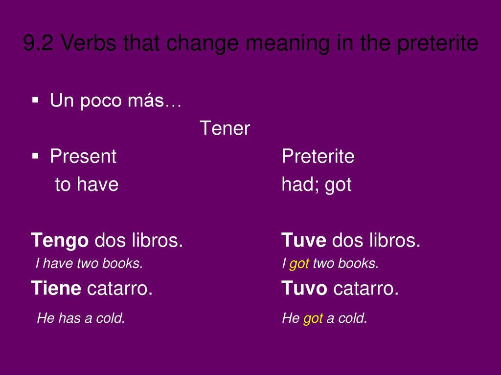 Tengo dos libros. Tuve dos libros. Tiene catarro. Tuvo catarro.