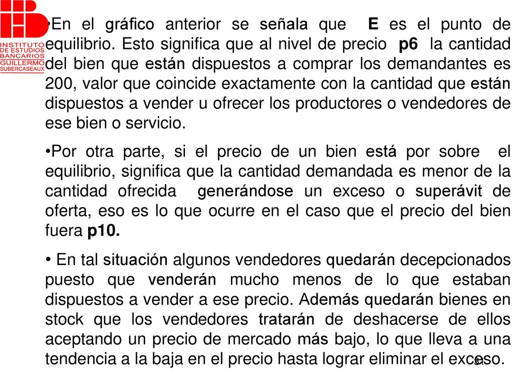 En el gráfico anterior se señala que E es el punto de equilibrio