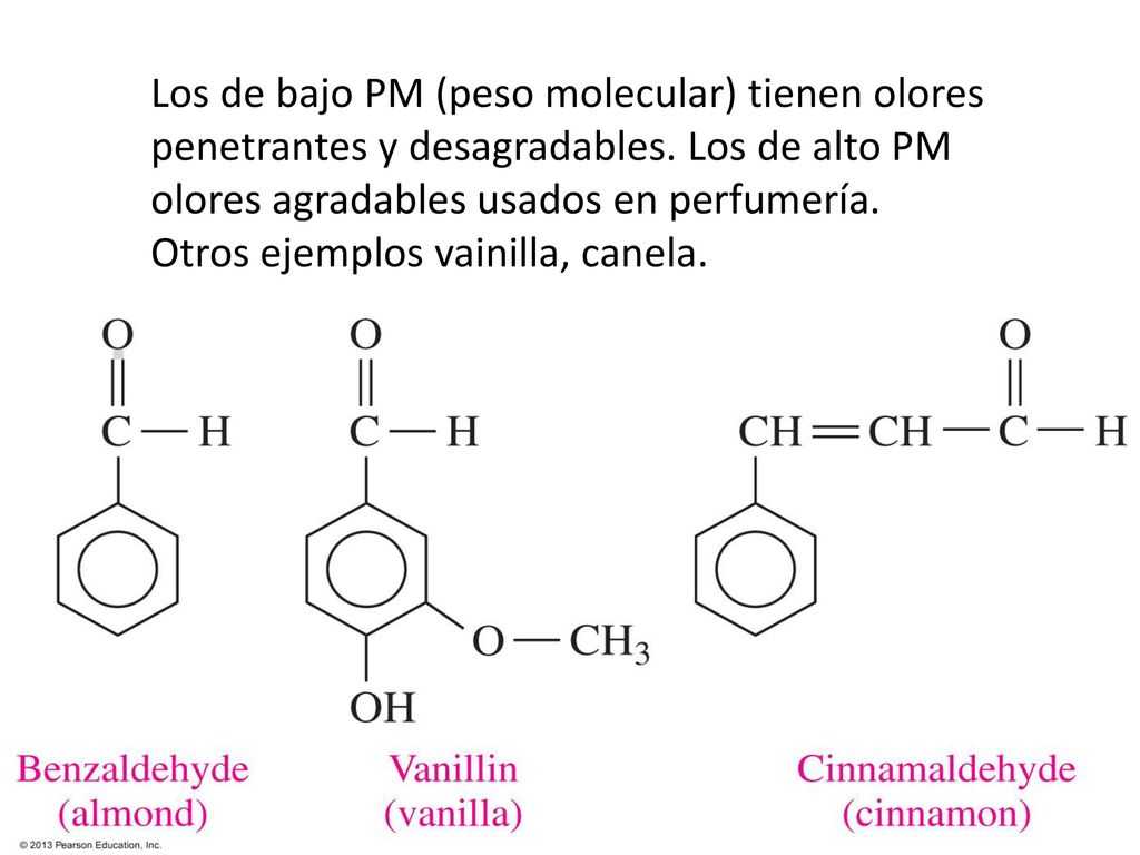 Los de bajo PM (peso molecular) tienen olores penetrantes y desagradables. Los de alto PM olores agradables usados en perfumería. Otros ejemplos vainilla, canela.