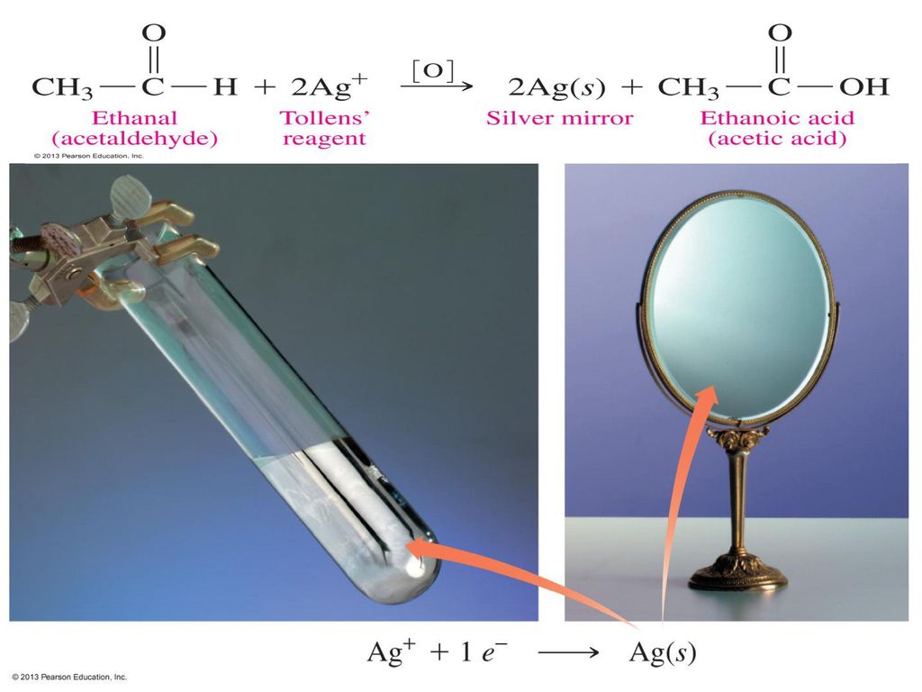 Figure 14.4 In Tollens test, a silver mirror forms when the oxidation of an aldehyde reduces silver ions to metallic silver.