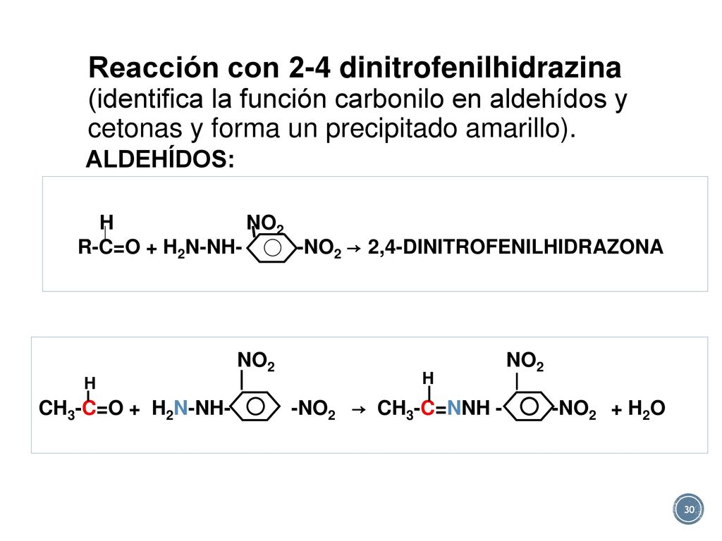 Reacción con 2-4 dinitrofenilhidrazina (identifica la función carbonilo en aldehídos y cetonas y forma un precipitado amarillo).