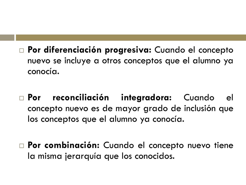 Por diferenciación progresiva: Cuando el concepto nuevo se incluye a otros conceptos que el alumno ya conocía.