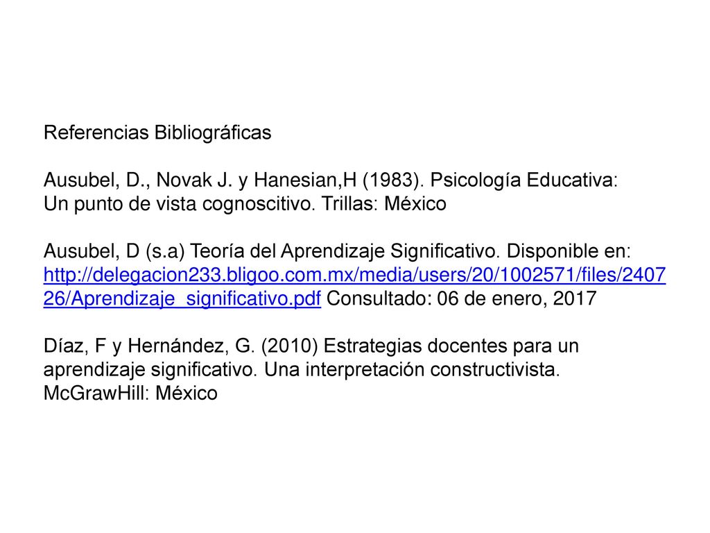 Referencias Bibliográficas Ausubel, D. , Novak J. y Hanesian,H (1983)