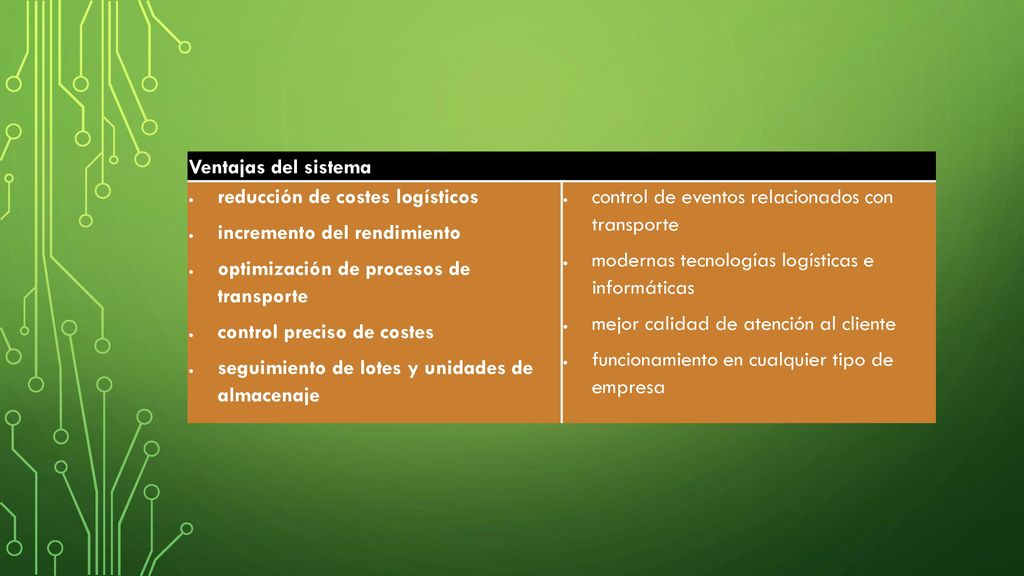 Ventajas del sistema reducción de costes logísticos. incremento del rendimiento. optimización de procesos de transporte.
