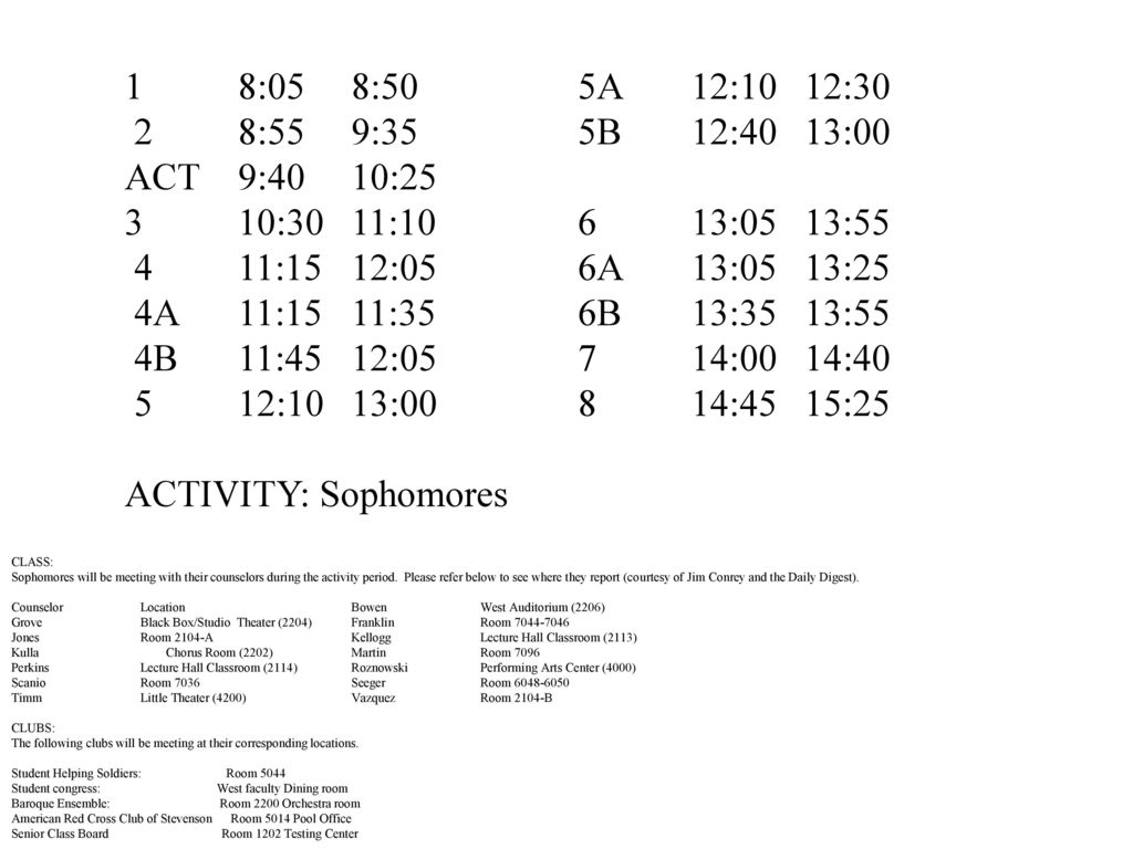 1 8:05 8:50 5A 12:10 12:30 2 8:55 9:35 5B 12:40 13:00 ACT 9:40 10: :30 11: :05 13:55