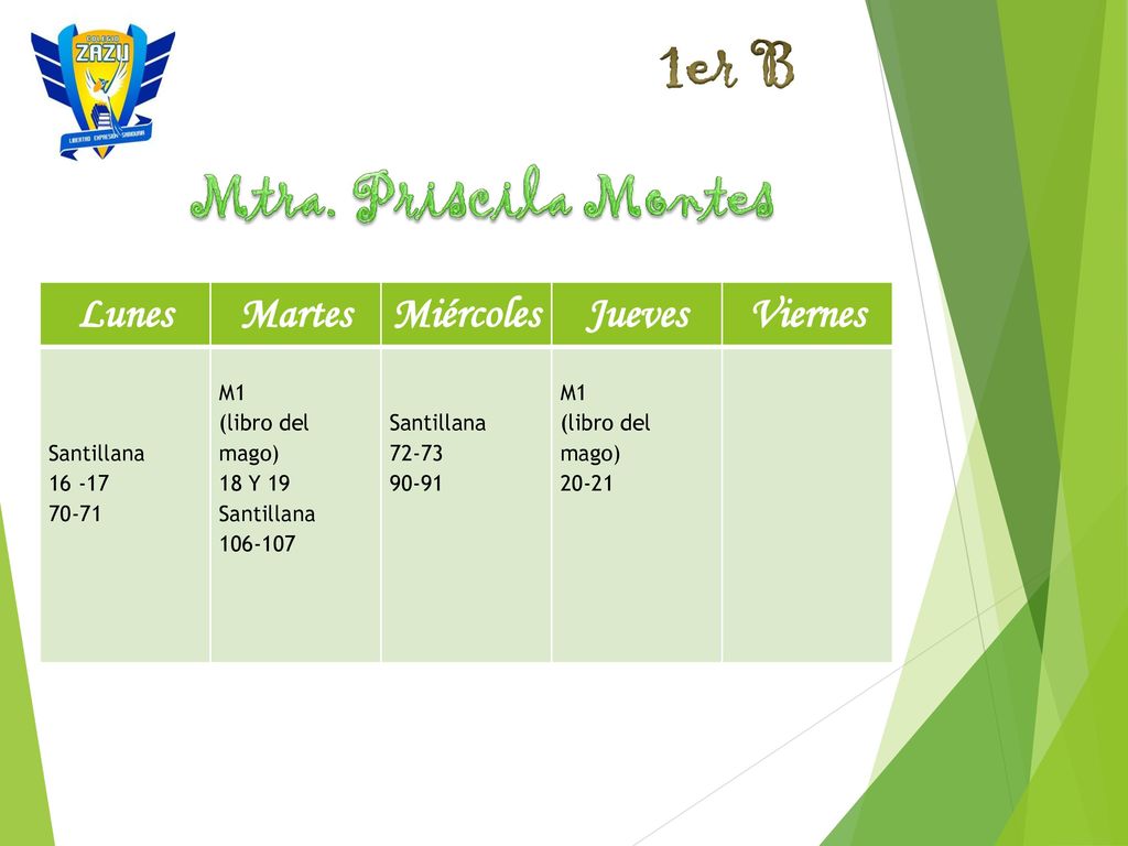1er B Mtra. Priscila Montes Lunes Martes Miércoles Jueves Viernes