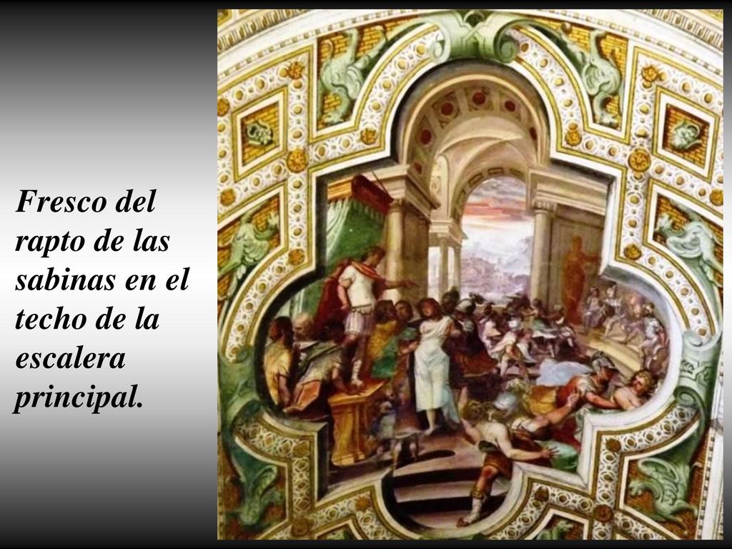 Fresco del rapto de las sabinas en el techo de la escalera principal.