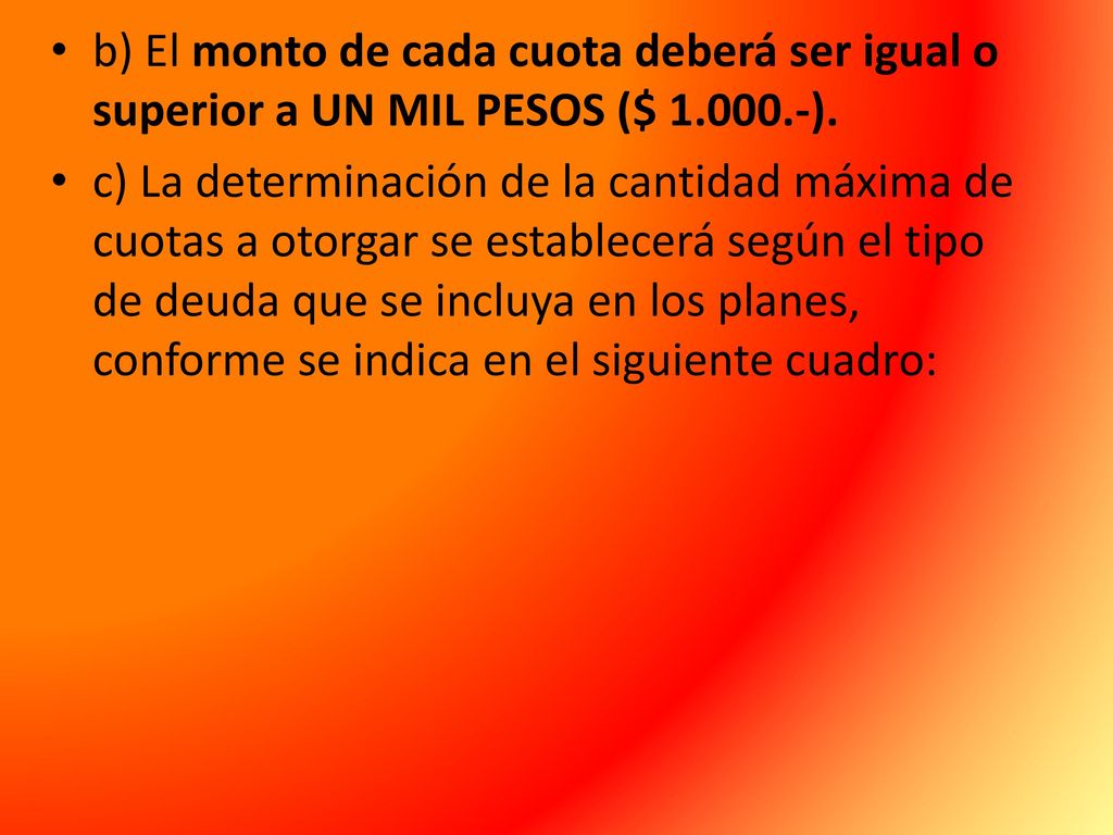 b) El monto de cada cuota deberá ser igual o superior a UN MIL PESOS ($ ).