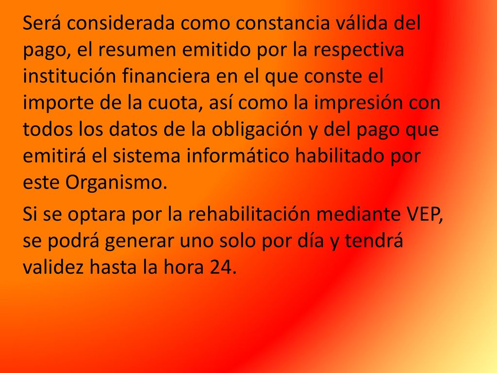 Será considerada como constancia válida del pago, el resumen emitido por la respectiva institución financiera en el que conste el importe de la cuota, así como la impresión con todos los datos de la obligación y del pago que emitirá el sistema informático habilitado por este Organismo.