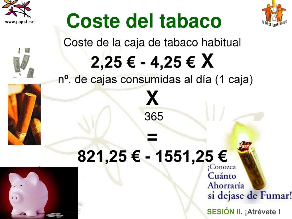 Coste del tabaco X = 2,25 € - 4,25 € X 821,25 € ,25 €