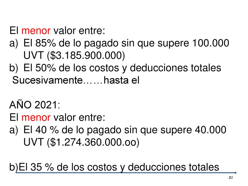 El menor valor entre: El 85% de lo pagado sin que supere UVT ($ ) El 50% de los costos y deducciones totales.