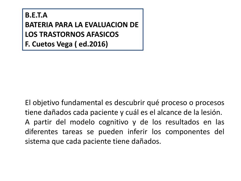 B.E.T.A BATERIA PARA LA EVALUACION DE LOS TRASTORNOS AFASICOS. F. Cuetos Vega ( ed.2016)