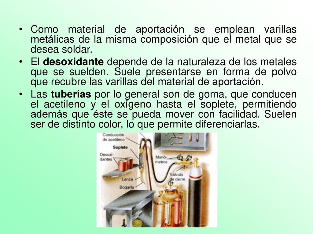 Como material de aportación se emplean varillas metálicas de la misma composición que el metal que se desea soldar.