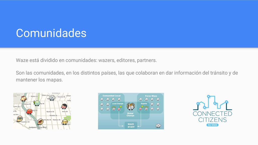 Comunidades Waze está dividido en comunidades: wazers, editores, partners.