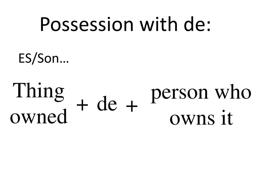Possession with de: ES/Son… Thing owned person who owns it + de +