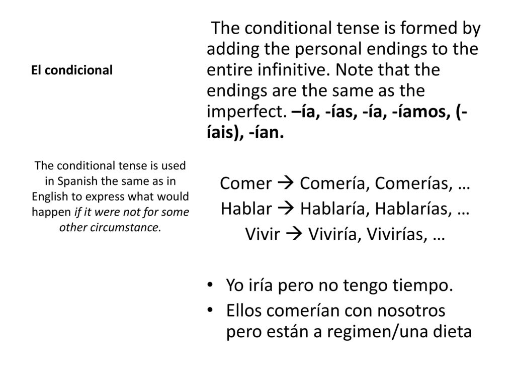 Comer  Comería, Comerías, … Hablar  Hablaría, Hablarías, …