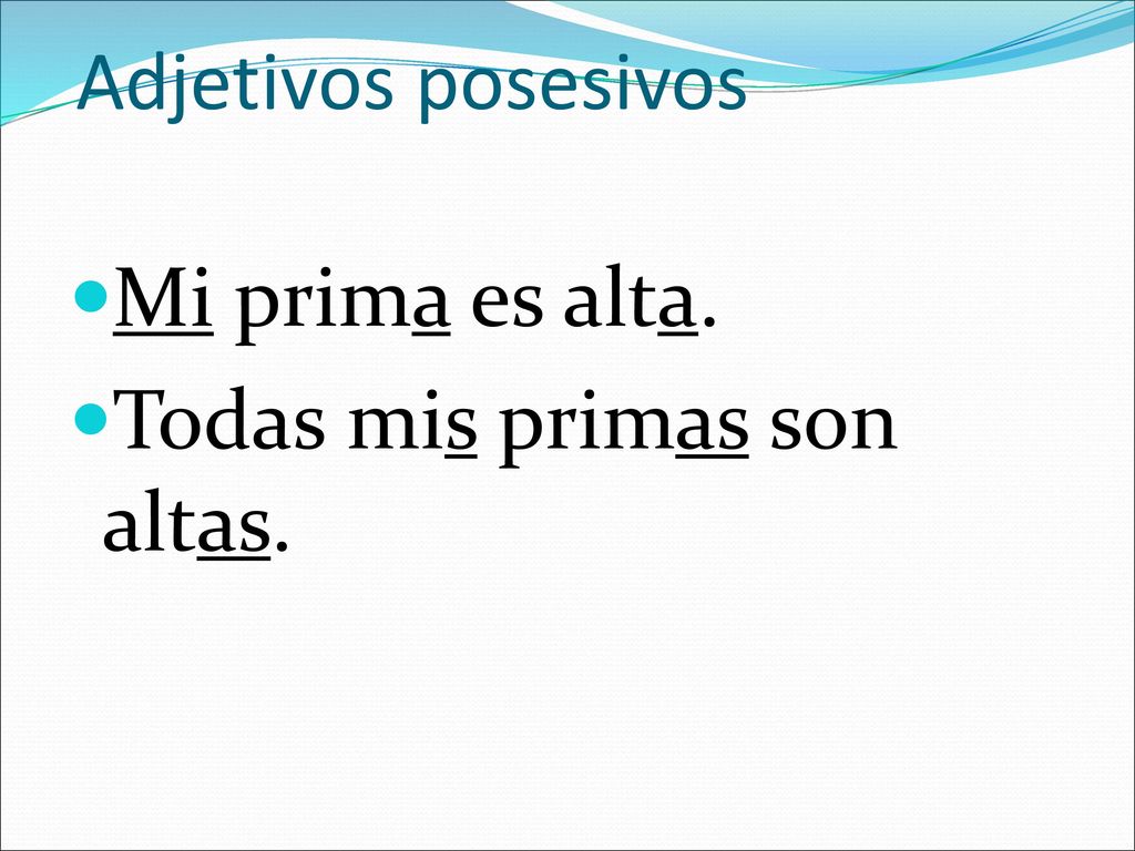 Adjetivos posesivos Mi prima es alta. Todas mis primas son altas.