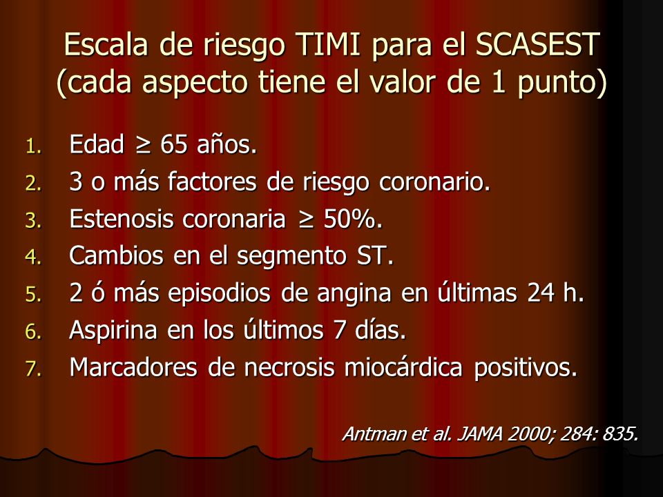 Escala de riesgo TIMI para el SCASEST (cada aspecto tiene el valor de 1 punto)