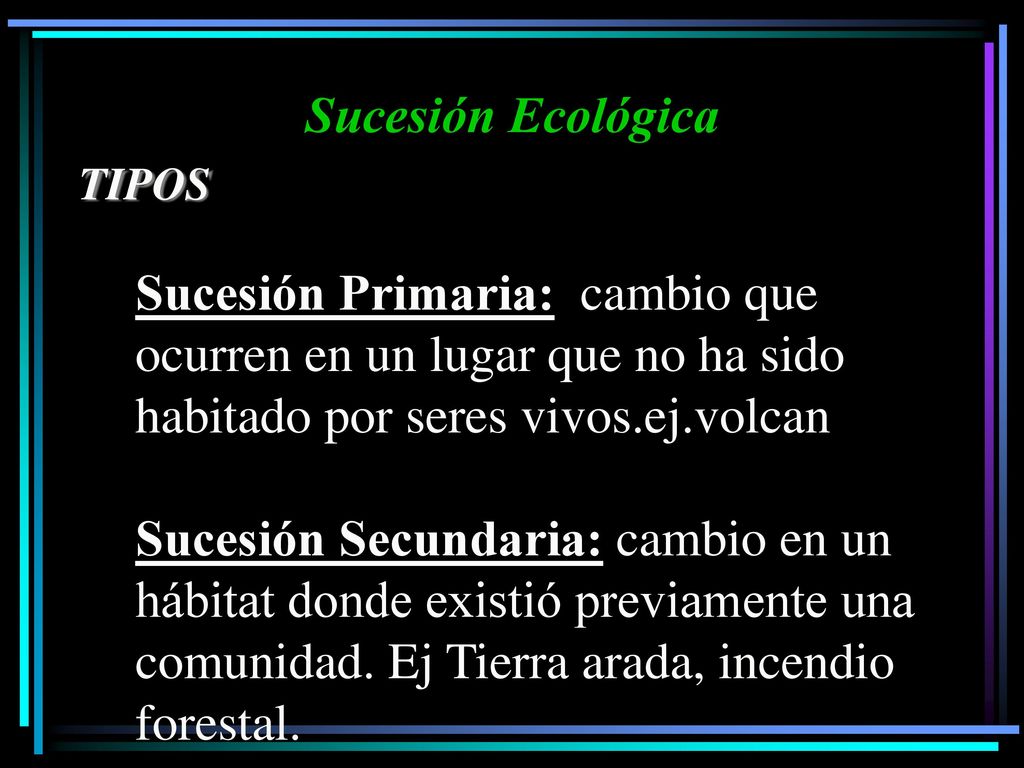 Sucesión Ecológica TIPOS. Sucesión Primaria: cambio que ocurren en un lugar que no ha sido habitado por seres vivos.ej.volcan.