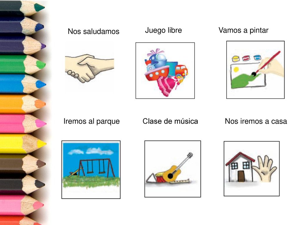 Nos saludamos Juego libre Vamos a pintar Iremos al parque Clase de música Nos iremos a casa