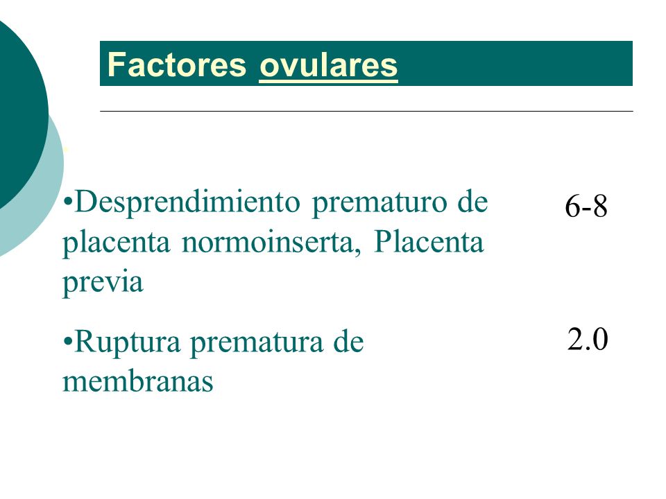 Factores ovulares Desprendimiento prematuro de placenta normoinserta, Placenta previa. Ruptura prematura de membranas.